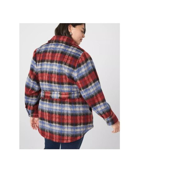 LANE BRYANT UEC Womens Size 14/16 Red Blue Faux-Wool Plaid Belted Shacket Jacket - Picture 2 of 3